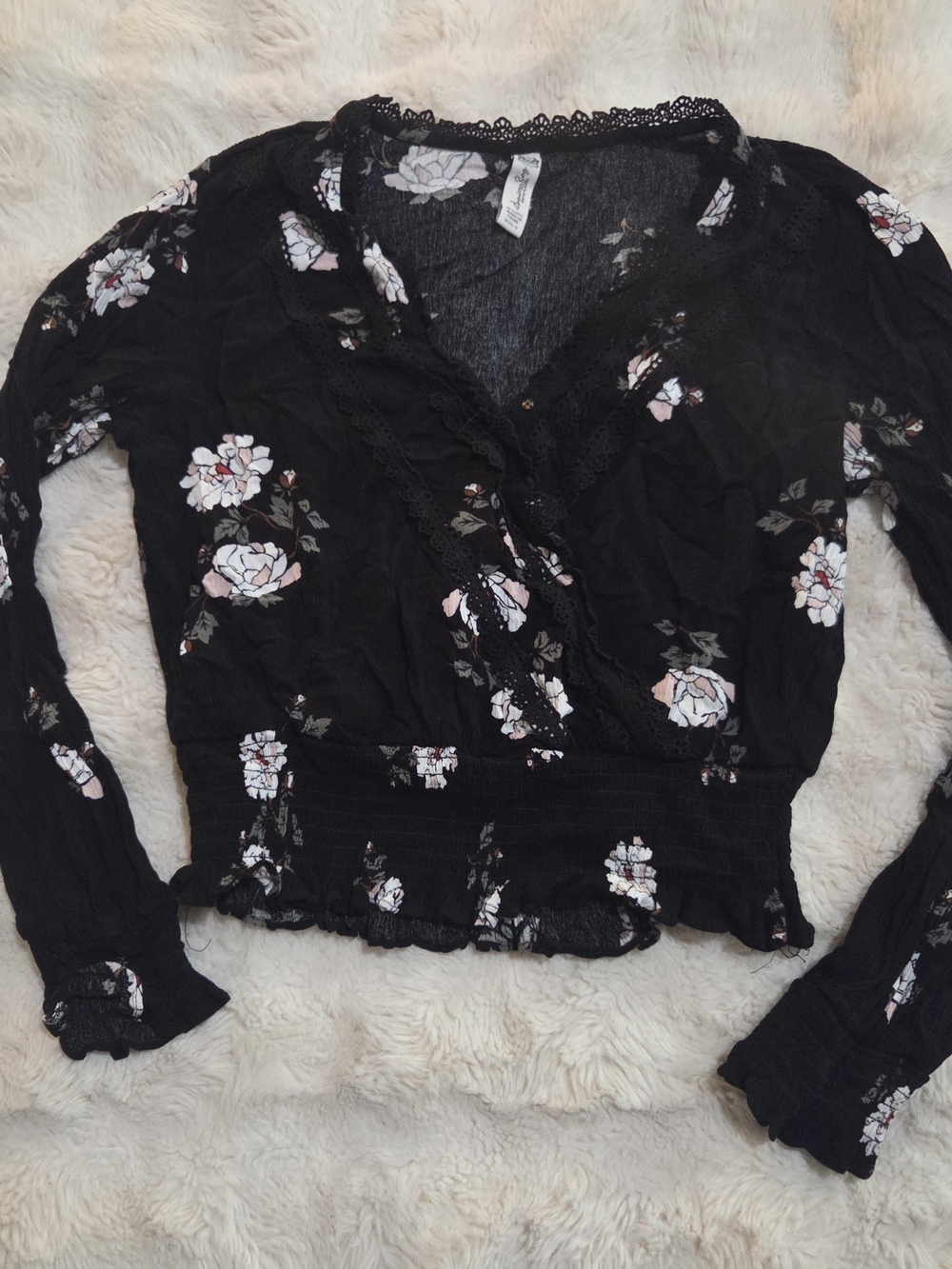 Womens Black Floral Blouse Top Size Small
